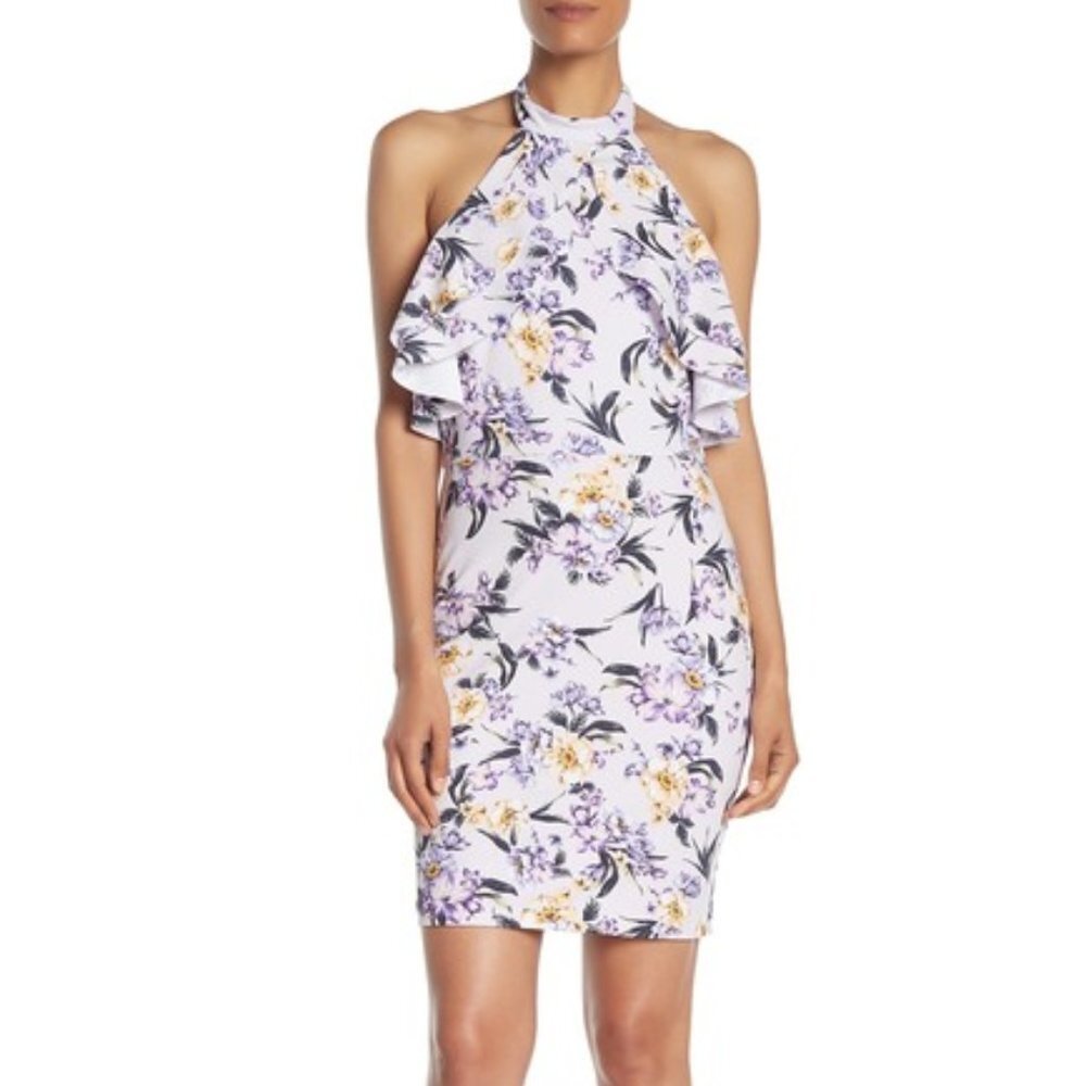bebe Ruffle Halter Tie Neck Floral Dress Women 8 Lavender NWOT